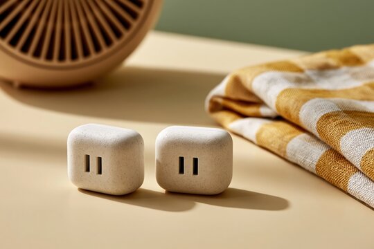 Blank smart plug devices with fan and folded linen curtain on beige surface