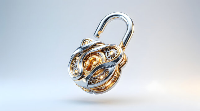 Ornate silver and gold open padlock with intricate gears