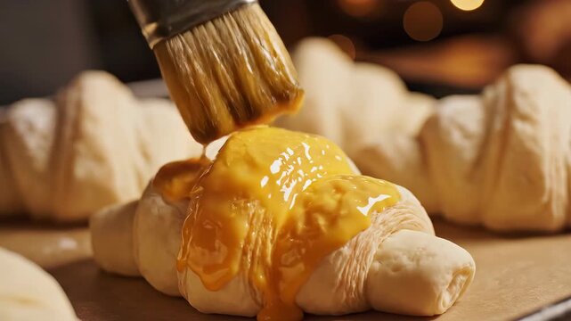 Pastry brush applying golden egg wash to raw croissant dough on baking tray. Perfect for baking tutorials, culinary visuals, artisanal bread content