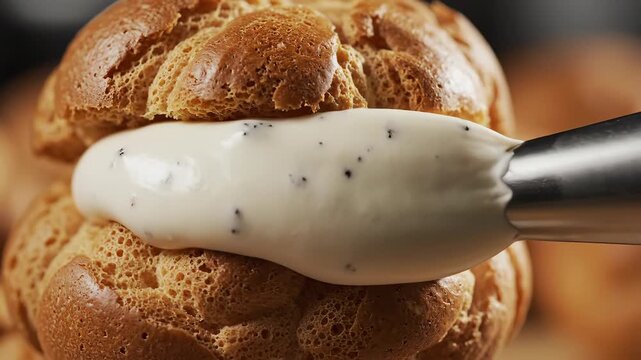 Pastry chef piping vanilla cream into golden choux puff with metal tip. Perfect for baking tutorials, dessert visuals, culinary craftsmanship