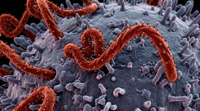 Ebola virus particles budding from an infected human cell