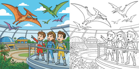  children visiting dinosaur world theme park cartoon clipart and lineart print vector illustration for color coloring book © Avijit