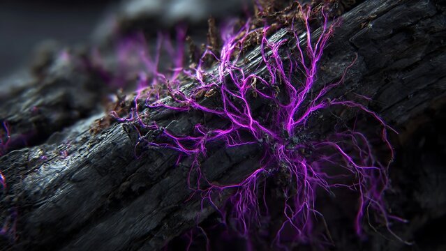Carbonized Wood Texture with Glowing Neon Purple Fungal Threads