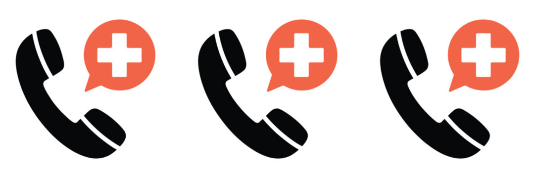 Medical emergency phone call icons with ambulance, medical cross, and first aid symbols, modern flat vector collection designed for healthcare apps, emergency contact services, and urgent medical 