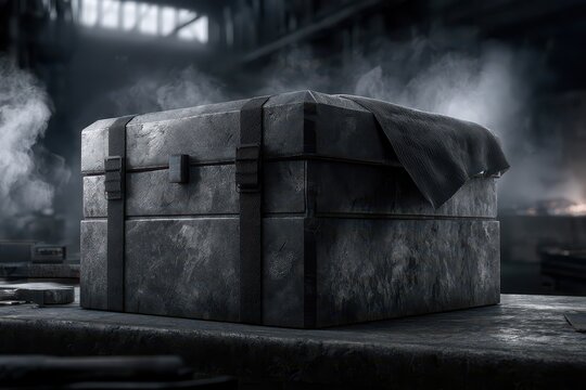 Mysterious heavy dark metal chest with straps and cloth, emitting smoke in a dimly lit industrial setting.
