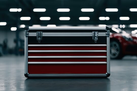 Professional metal toolbox with red drawers and silver trim in a workshop with a blurred red car in background