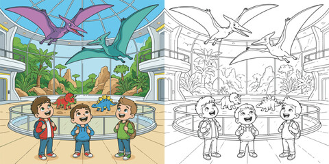  children visiting dinosaur world theme park cartoon clipart and lineart print vector illustration for color coloring book © Avijit