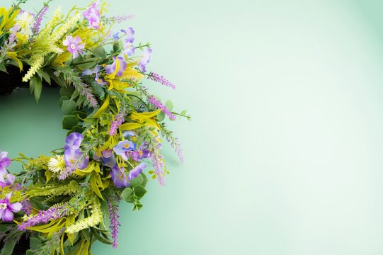 Midsummer Floral Wreath on Pastel Green Background Jonines, Ligo, Swedish Midsommar, Ivan Kupala Summer Solstice Celebration, decoration