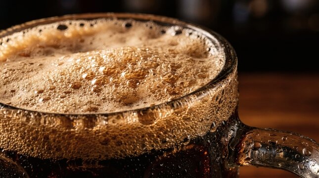 Foamy root beer in a glass mug on a wooden table perfect for National Stewart&rsquo;s Root Beer Day