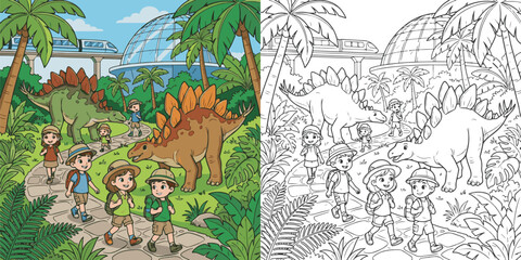  children visiting dinosaur world theme park cartoon clipart and lineart print vector illustration for color coloring book © Avijit