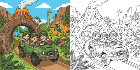  children visiting dinosaur world theme park cartoon clipart and lineart print vector illustration for color coloring book © Avijit