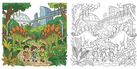  children visiting dinosaur world theme park cartoon clipart and lineart print vector illustration for color coloring book © Avijit