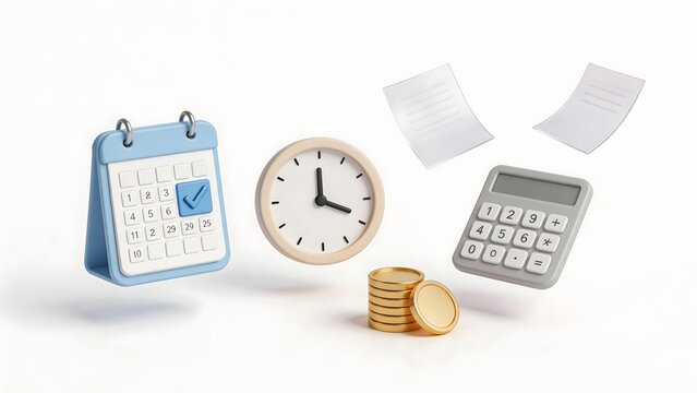 Calendar clock calculator coins and papers