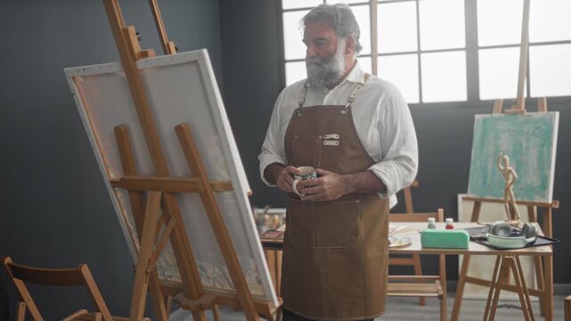 Man painter in apron drinks coffee holding patterned mug by canvas and wooden easel in sunlit studio space; quiet contemplation.