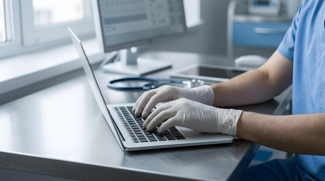 Nurse wearing medical gloves while typing on a laptop in a clinic, showing infection control, digital health records, healthcare workflow, and patient care technology