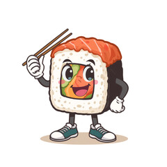 Obraz premium Cute sushi character holding chopsticks, happy and smiling