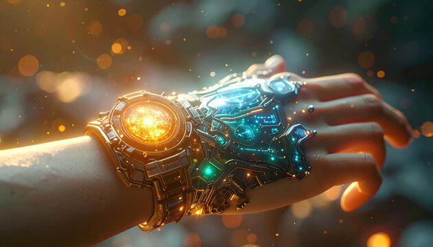Human hand wearing futuristic glowing power gauntlet device