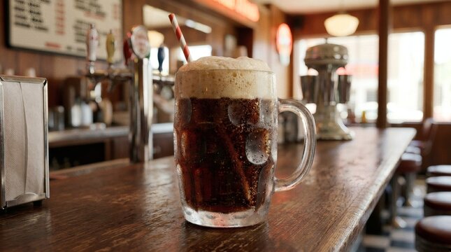 Cold frothy root beer in glass mug on wooden bar with warm lighting perfect for National Stewart&rsquo;s Root Beer Day