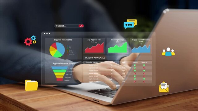 Digital Procurement Process. Vendor Workflow, SCM, Supply Chain Management, Online Purchasing, Business Automation, E-Procurement System. Businessman with Supplier Dashboard on Virtual Screen.3D Video