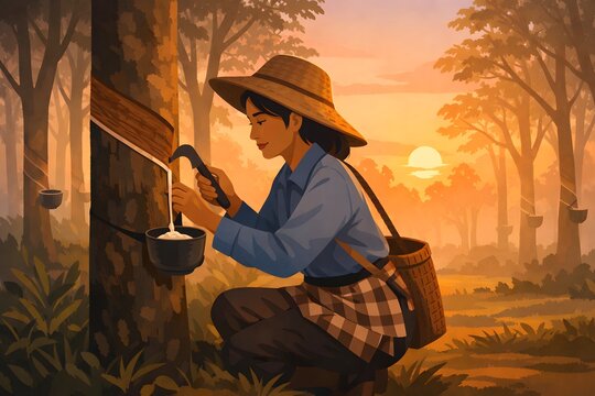 Thai Rubber Tapper Working in Plantation at Dawn &ndash; Authentic Rural Agriculture Lifestyle Photography