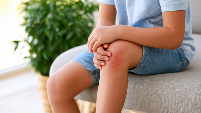 Close-up of Child Scratching Mosquito Bite Allergy Swelling on Leg Indoors