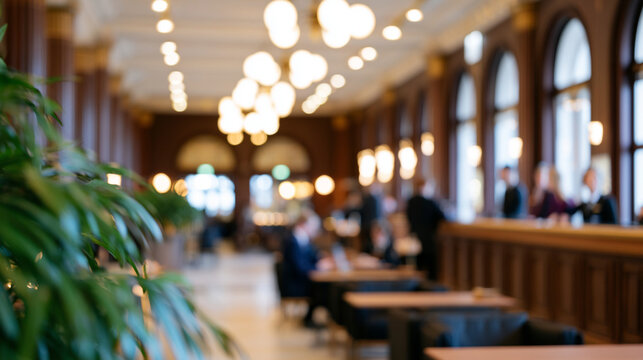 Completely blurred luxury train station lounge with travelers receiving concierge assistance premium transportation service concept