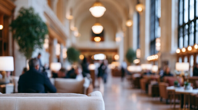 Completely blurred luxury train station lounge with travelers receiving concierge assistance premium transportation service and travel comfort concept
