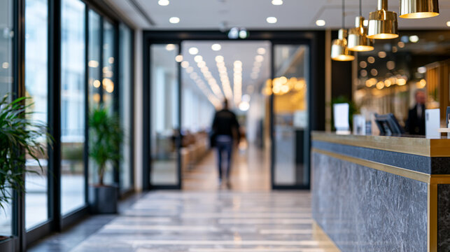 Completely Blurry Luxury Airport Lounge Entrance with Traveler Approaching Reception Counter
