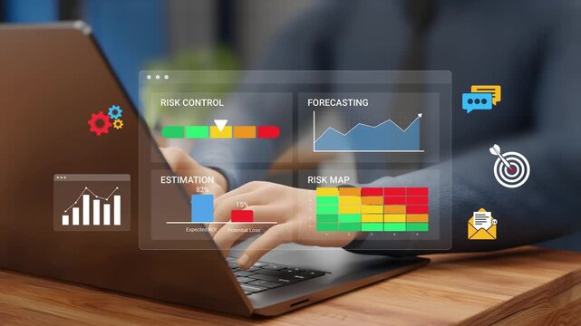 Risk Control, Risk Management. Business Security, Financial Protection and Management, Compliance Strategy. Businessman with Risk Map, Estimation and Risk Control Dashboard on Virtual Screen. 3D Video