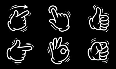 Fototapeta premium Set of hand gesture vector illustrations featuring simple white line art on a solid black background