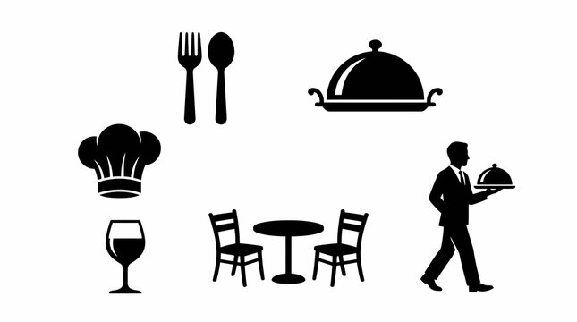 Restaurant icon set chef hat table setting waiter service and dining elements in silhouette
