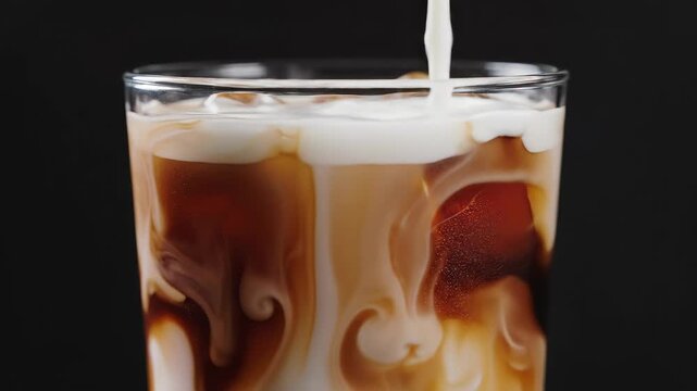 Cream pouring into iced coffee with swirling marble effect in glass. Perfect for beverage visuals, caf&eacute; branding, recipe tutorials