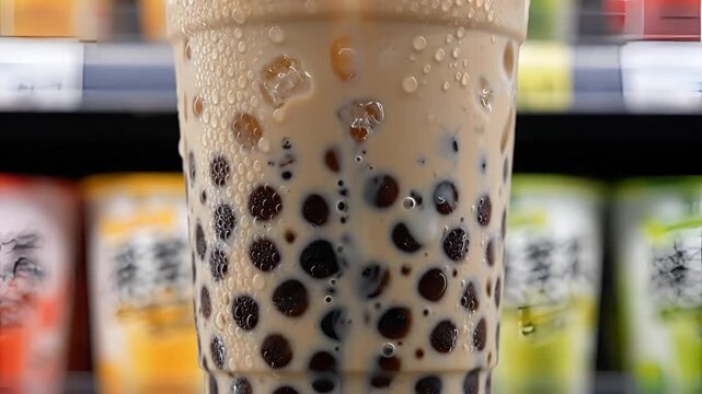 Refreshing Bubble Tea Drink with Tapioca Pearls Close Up.