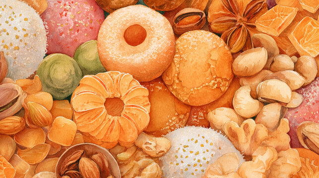 Watercolor illustration of indian sweets in full frame composition, dense overlapping laddoo, barfi, nuts and milk elements with rich festive tones.