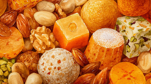 Watercolor illustration of indian sweets in full frame composition, dense overlapping laddoo, barfi, nuts and milk elements with rich festive tones.