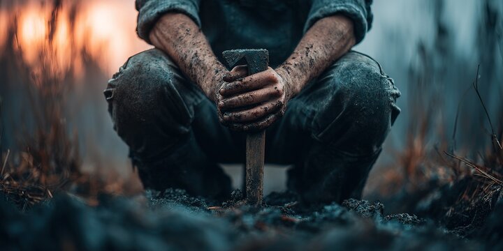 Man Digging Hole in Mud with Rusty Tool at Sunset