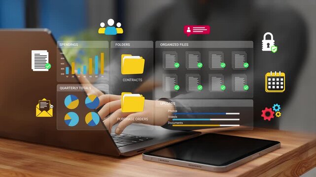 Business Spending, Quarter Analysis, Contracts, Purchase Orders, Vendor Files, Compliance Records. Business Professional B2B Procedure Management Workflow Dashboard on Laptop Virtual Screen. 3D Video