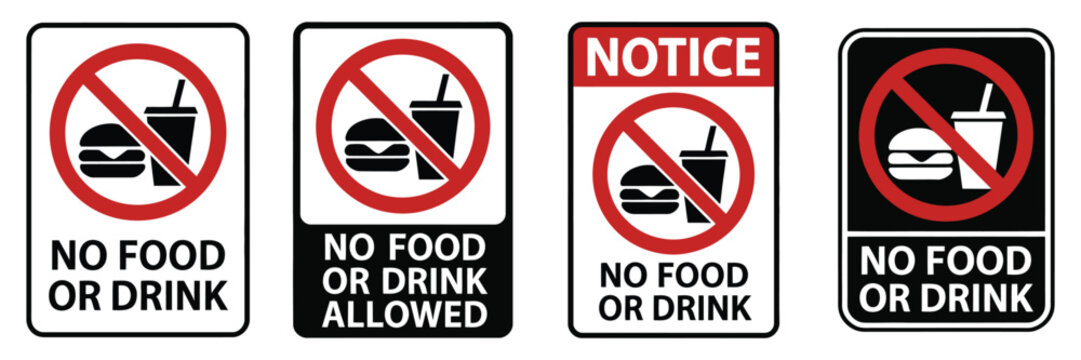 No food or drink allowed sign vector featuring prohibition symbols for meals and beverages, simple warning icon design isolated on a white background for public safety and facility rules.