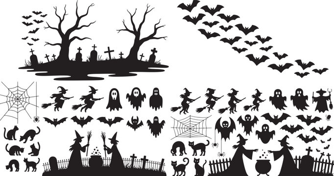 Set of various spooky halloween silhouettes featuring ghosts witches cats and dark scary forest trees