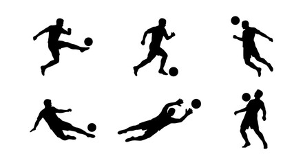 Soccer Player Silhouettes, Action Poses, Goalkeeper Dive, Football Game Elements, Dynamic Sports Vector Set © Mitu