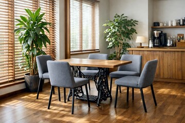 Fototapeta premium Stylish dining room interior with rustic wooden table and grey chairs