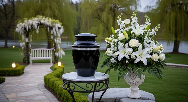 Black urn on a table with white flowers in the garden by the lake