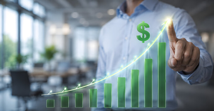 Businessman interacting with a holographic bar chart, illustrating exponential financial growth, increasing profits, and successful investment strategies for business