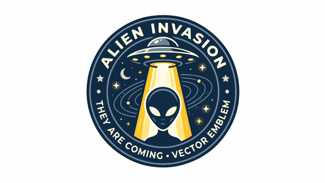 Alien Invasion Vector Emblem with UFO and Grey Alien Face