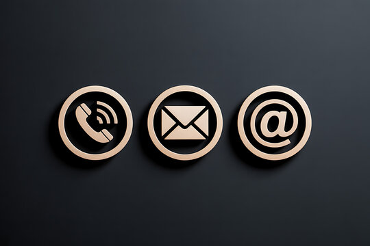 Contact us conceptual image depicting various communication methods represented by elegant 3d rendered golden icons of phone, email, and social media on dark background.