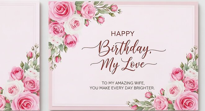 Happy birthday greeting card with pink roses and romantic message
