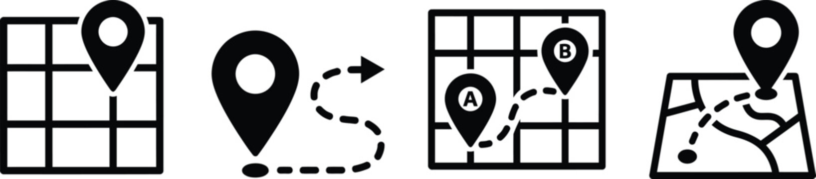 Navigation icons set map pin route location tracking and directional guidance