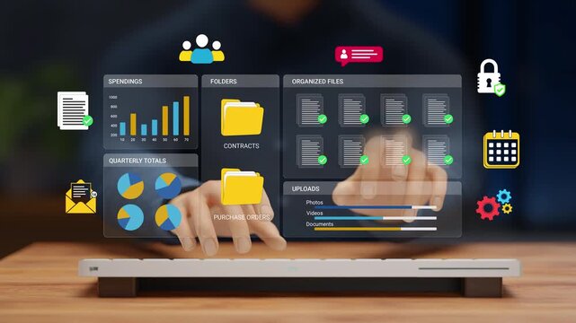 Business Spending, Quarter Analysis, Contracts, Purchase Orders, Vendor Files, Compliance Records. Business Professional B2B Procedure Management Workflow Dashboard on Laptop Virtual Screen. 3D Video