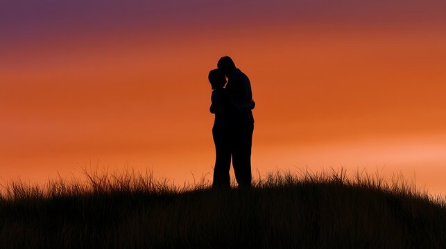 Romantic Silhouette of a Couple Embracing Against a Vibrant Sunset Sky Over Grassy Hill