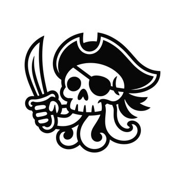 Cartoon pirate skull with octopus tentacles holding a cutlass